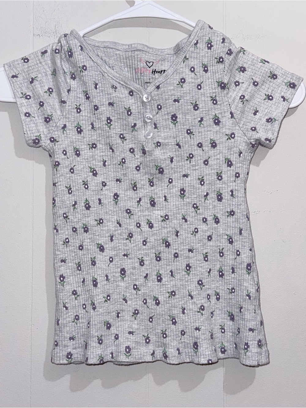 Victory Heart Girls Grey Ribbed Ditsy Floral Henley Tee Size 7 EUC